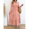 Women Elegant Solid Color Pom Pom Long Sleeve High Waist Ruffled A Line Long Dress