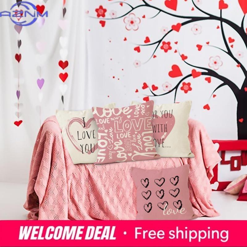 Valentine'S Day Pink Heart Print Home Decor Pillowcase Bedroom Living Room Sofa Decoration Polyester Cushion Cover With Zipper