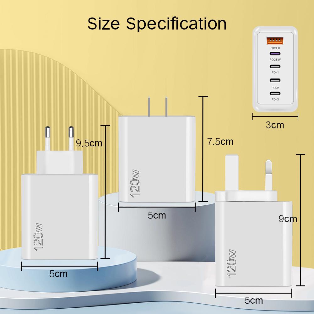 120W Multi-Port Fast Charger - 4 Ports + USB, Compatible with Xiaomi, Apple, Type-C; EU, US, UK Standards