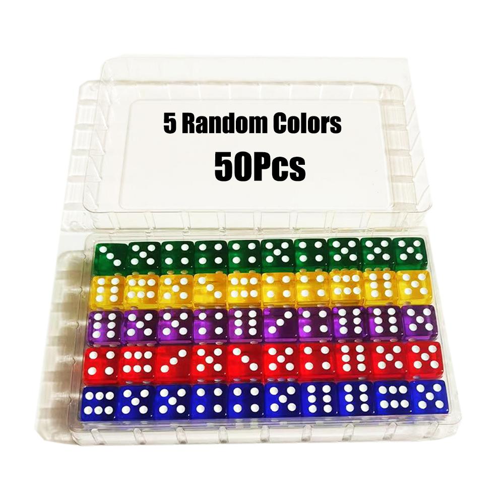 50PCS/Kit 6 Sided Dice 16mm D6 16 See Through Color Acrylic Square Corner Cube Digital Dice For Table Board Games Party DND