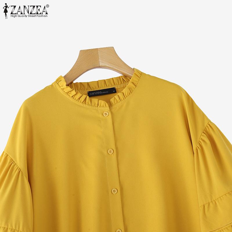 ZANZEA Cămăși cu mânecă lungă cu volan, vară, cu gât rotund
