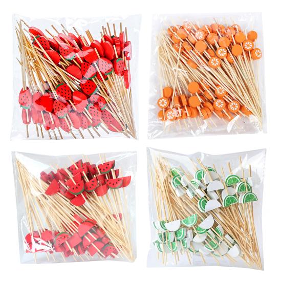 100PCS Disposable Fruit Tags, with Cartoon Fruit Decor Cocktail Picks, Durable Bamboo Skewers, for Fruits Barbecue Cocktails Cakes