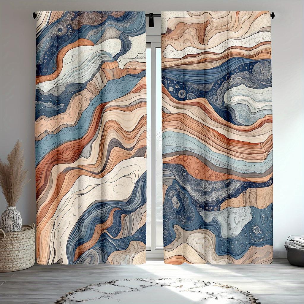 2pc Marble wave pattern curtains, polyester fabric, machine washable, suitable for living room/bedroom decoration