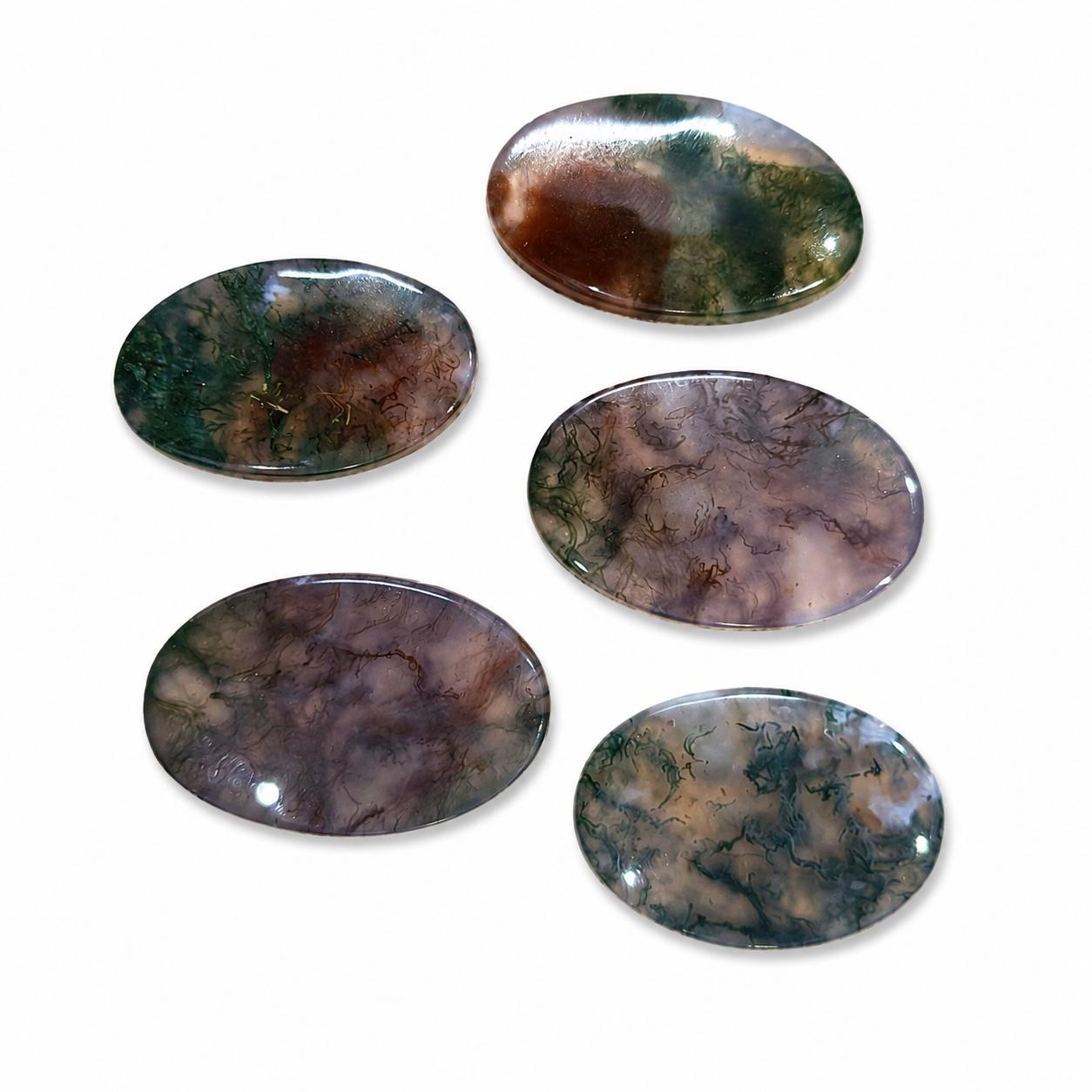 Natural Moss Agate Oval Cabochon Set, Dendritic Moss Agate Loose Gemstones, Oval Moss Agate Cabochons for Jewelry Making, 5 Piece Gemstone Set зелёный