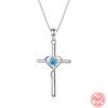 925 Sterling Silver Cross Blue Zircon Pendant Chain Necklace For Women Wedding Jewelry