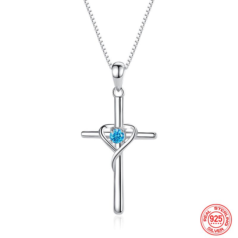 925 Sterling Silver Cross Blue Zircon Pendant Chain Necklace For Women Wedding Jewelry