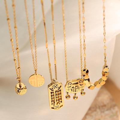 Trending Gold Coin Abacus Tiger Head Longevity Clavicle Chain for Autumn and Winter Sweater Accessories