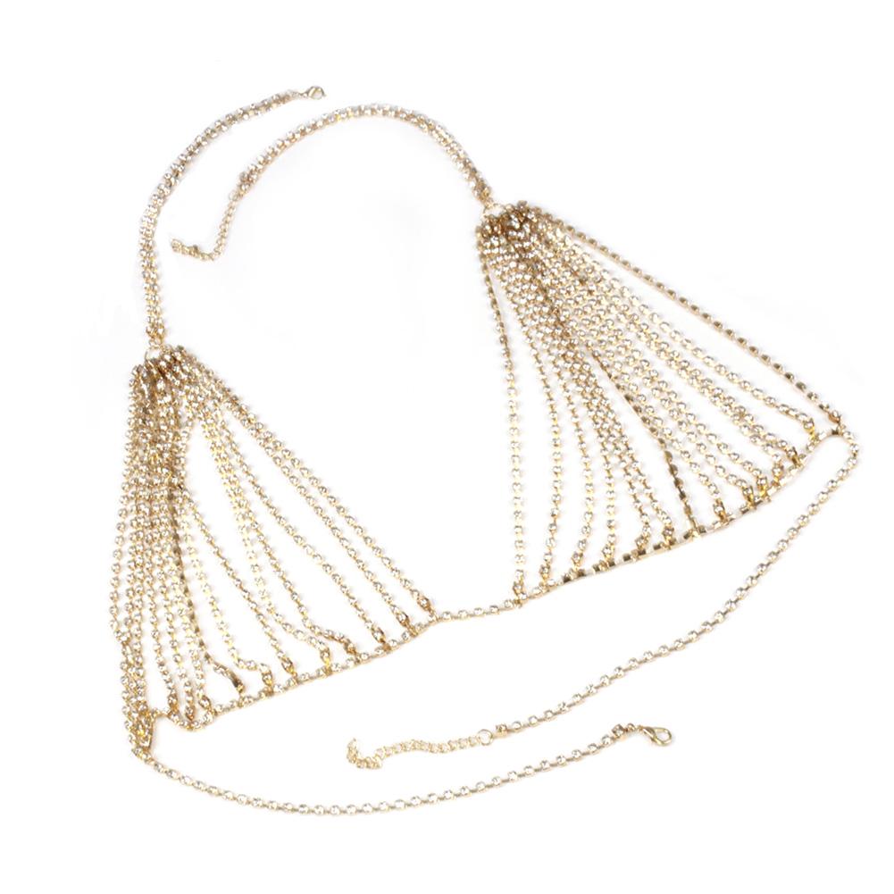 Moda Feminina Retro Sexy Dourado Cristal Liga Bikini Sutiã Correntes Joias Corpo Colar