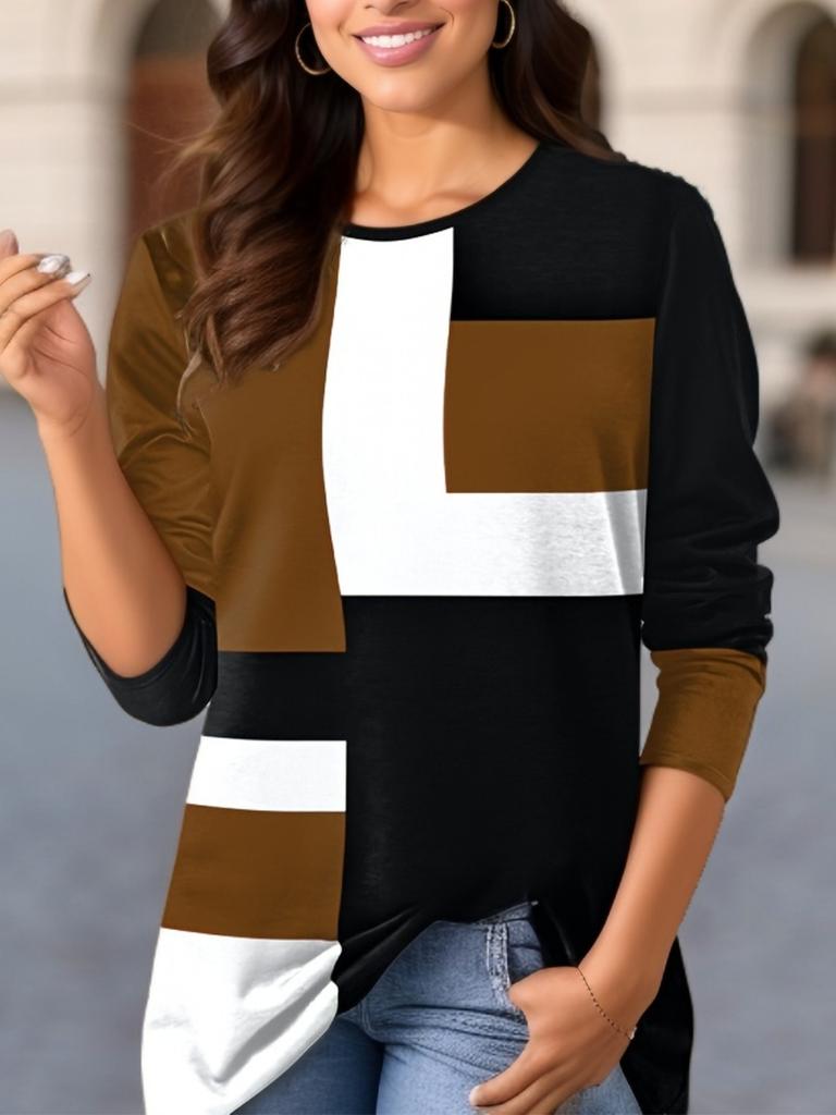 Women's Color Block Long Sleeve T-Shirt Crew Neck Casual Geometric Print Top