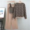 Höst Ny Mode kostym, Stickad Kofta Rem Lös Vida Ben Byxor Mode 3-delat Set för Kvinnor