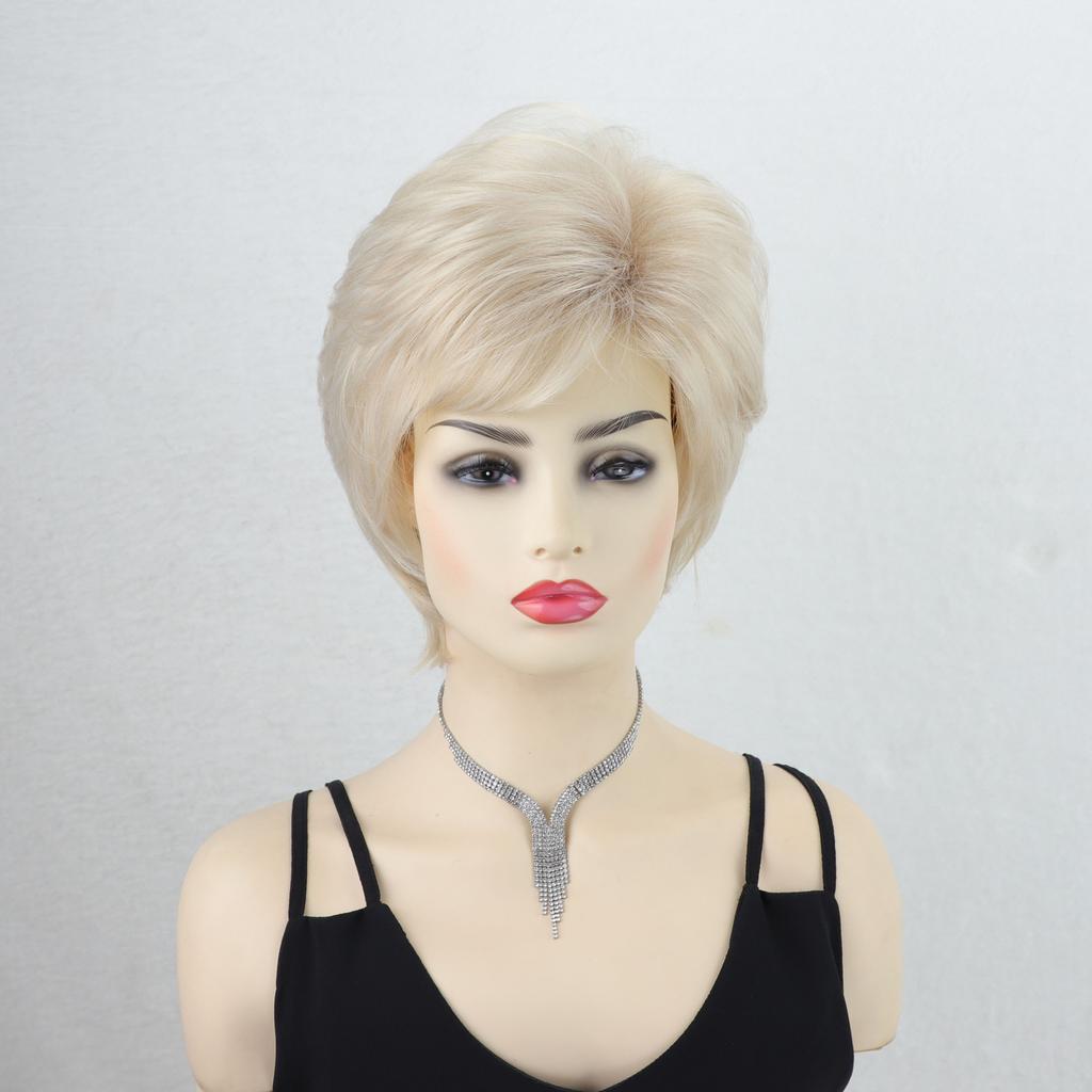 Women Light Blonde Wigs with Bangs Short Layered Hair Synthetic Wave Wig for Daily Cosplay Use Heat Resistant Fibre