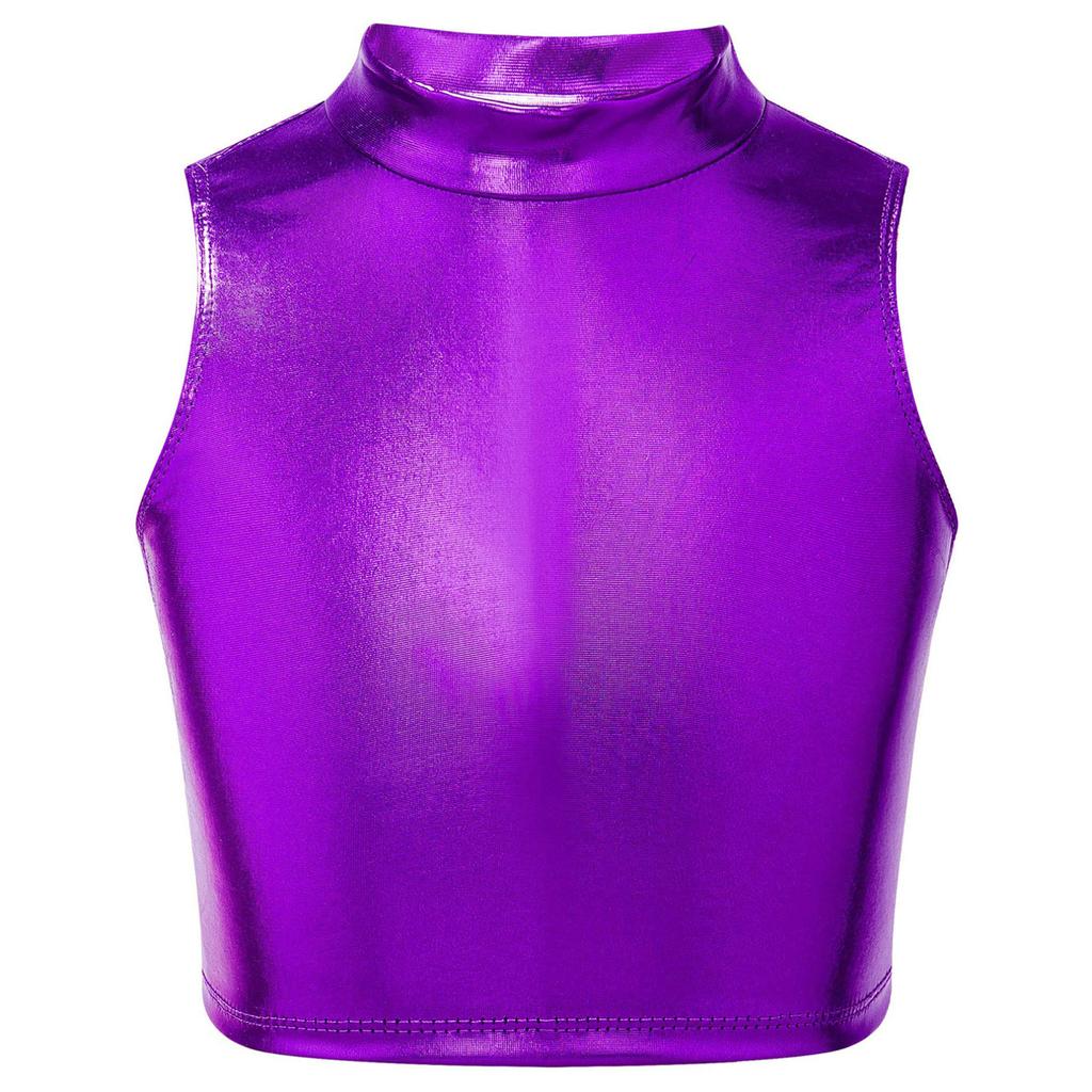 Girls Shiny Metallic Crop Tank Top Ballet Dance Jazz Hip Hop Performance Costumes