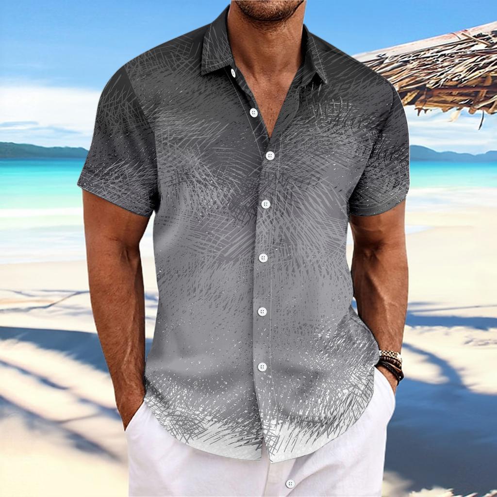 Striped Gradient Printed Top with Lapel Fashionable Men's Short-sleeved Shirts