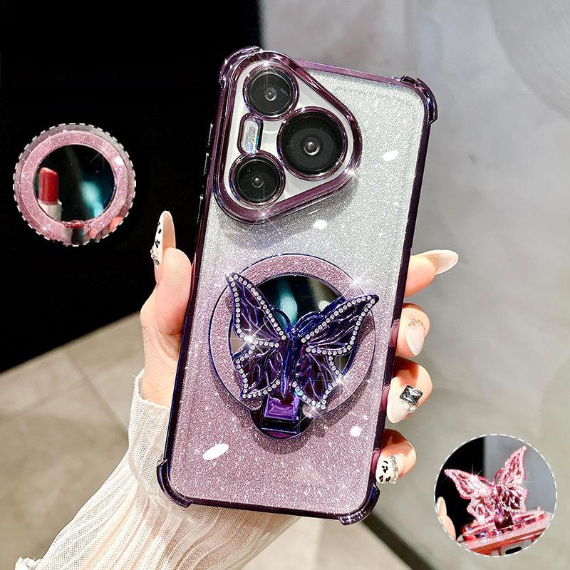 Butterfly Glitter Mirror Holder Phone Case For Huawei P30 Lite P40 P50 P60 Pura 70 Pro Mate 40 50 60 70 Shockproof Stand Cover