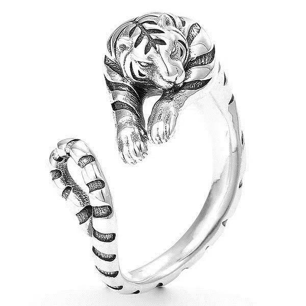Year of the Tiger, Zodiac Year, Little Tiger Open Ring, Men's Retro Zodiac Tail Ring