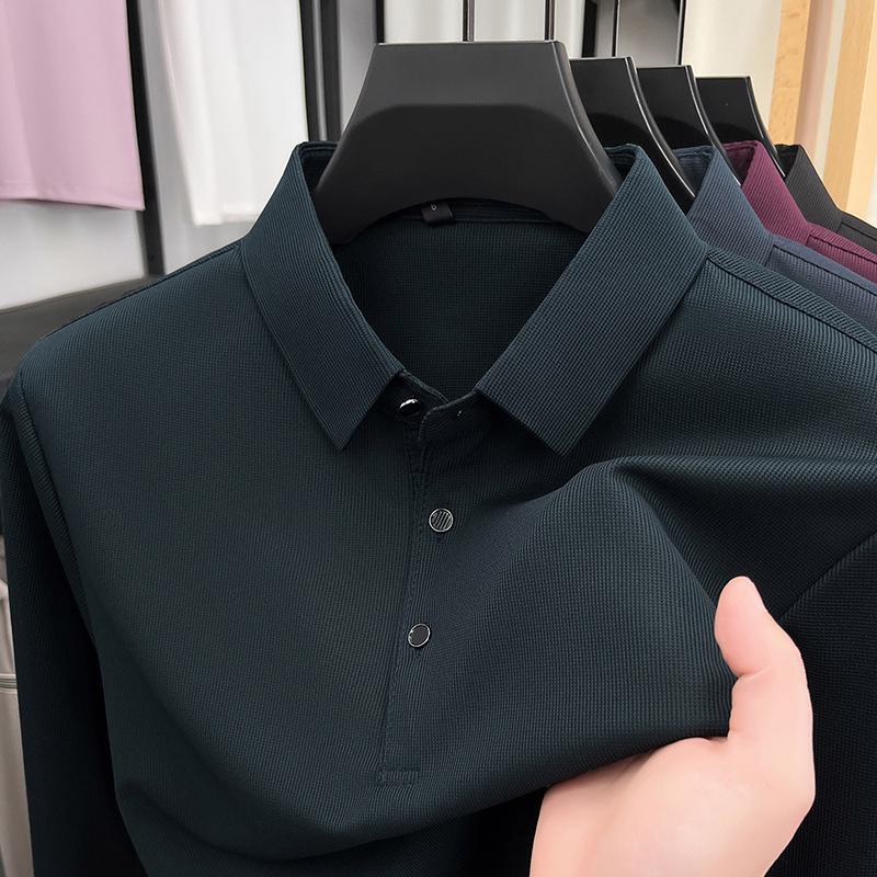 Men's Long Sleeve Polo - Loose Fit, Fashionable Lapel, Versatile Solid Color, Casual T-Shirt for Spring/Autumn