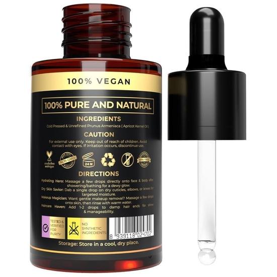 USDA Bio Aprikosenkernöl - Kaltgepresst, Natürliches Öl für Haut- und Haarpflege - Ideales Massageöl & Kopfhaut-Feuchtigkeitsspender