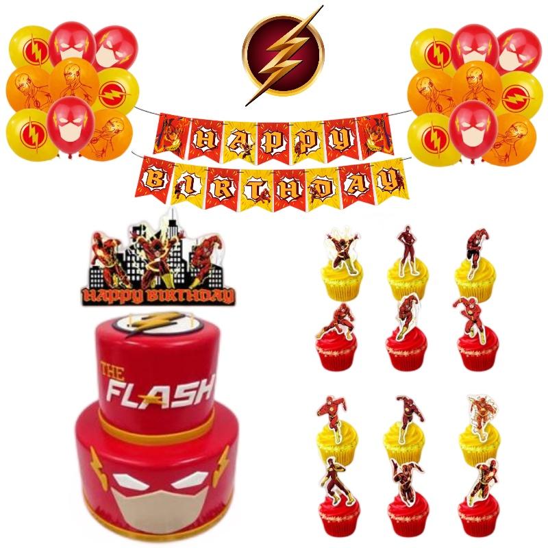 The Flash Themed Birthday Party Decorations Set With Banner, Cake Topper, And Balloons