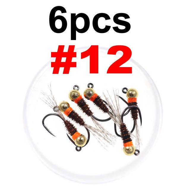 Bimoo, 6 шт., вольфрамовая бусина, джиг-головка, пердигон, нимфы, оранжевый воротник, хвост фазана, муха, европейская нимфа, форель, приманка для рыбалки, мушки #12