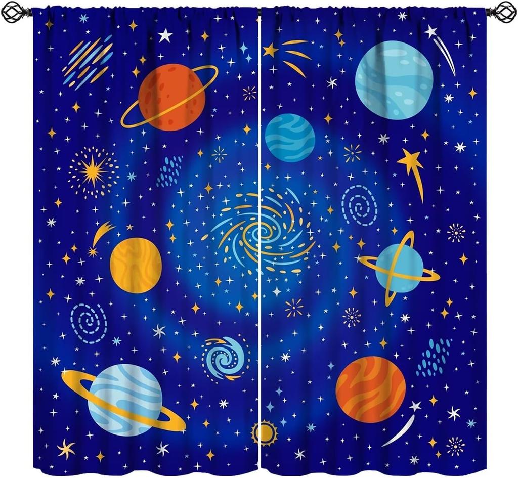 Outer Space Curtains Cartoon Astronaut Rocket Planets Stars Spaceman Universe Galaxy Print Window Kids Boys Made Of Polyester