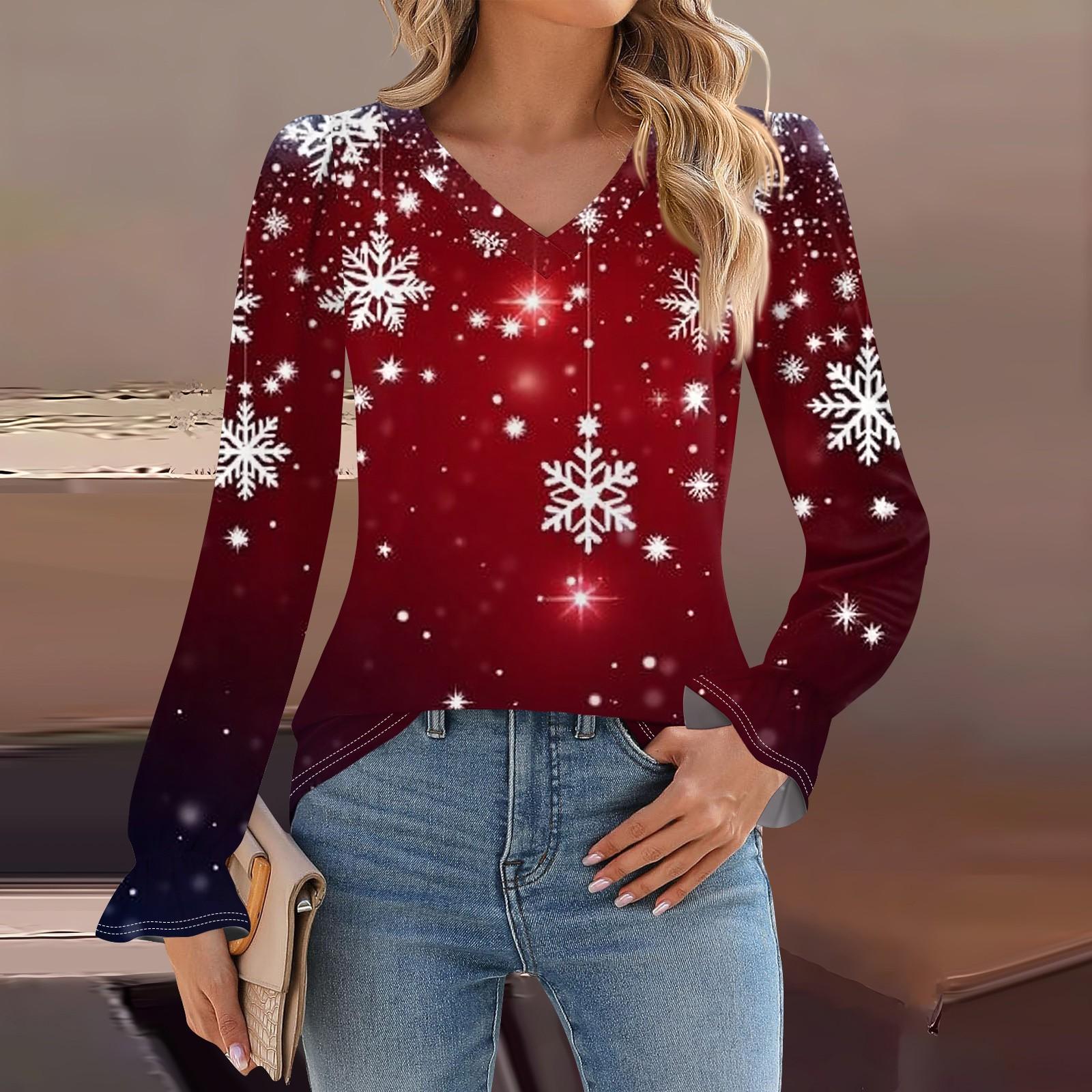 

Женская мода повседневная блузка с длинным рукавом и принтом, V-образным вырезом, рукавом-трубой XL красный