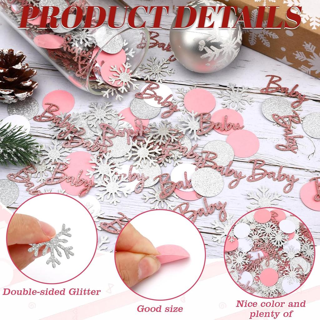 MARFOREVER Winter Baby Shower Table Confetti, 200 Pcs Glitter Pink Silver Snowflake Baby Confetti Table Decorations Winter Gender Reveal Sprinkle for