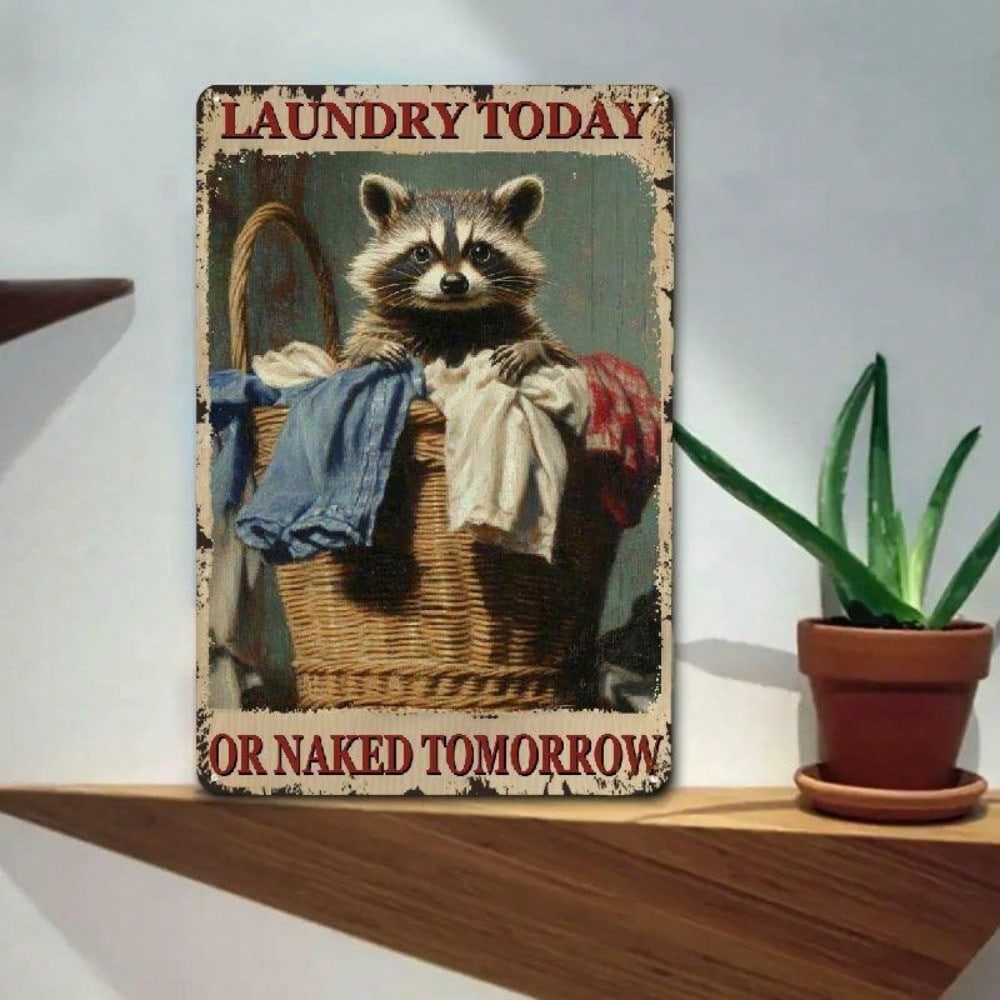 Vintage Raccoon Laundry Tin Sign Wall Art Retro Kitchen Bathroom Decor