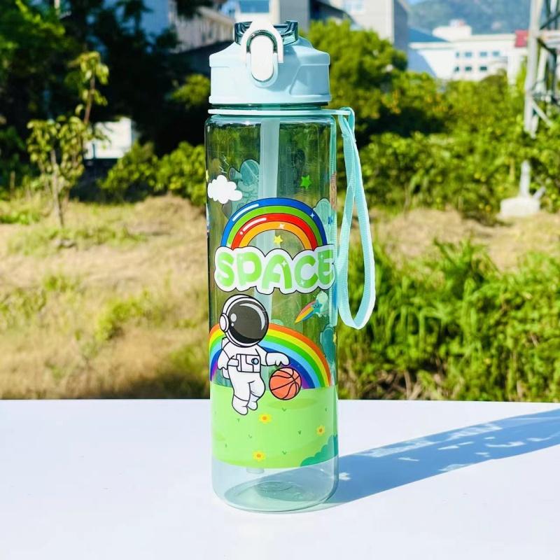 650ml Cute Cartoon Astronaut Heat-Transfer Plastic Cup Outdoor Sports Portable Lanyard Straw Locking Student Water Cup