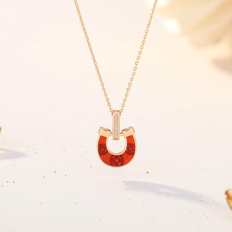 Tichya Red Agate Horseshoe Buckle Necklace, Women's S925 Sterling Silver, Chinese Style Niche Coin Collarbone Chain