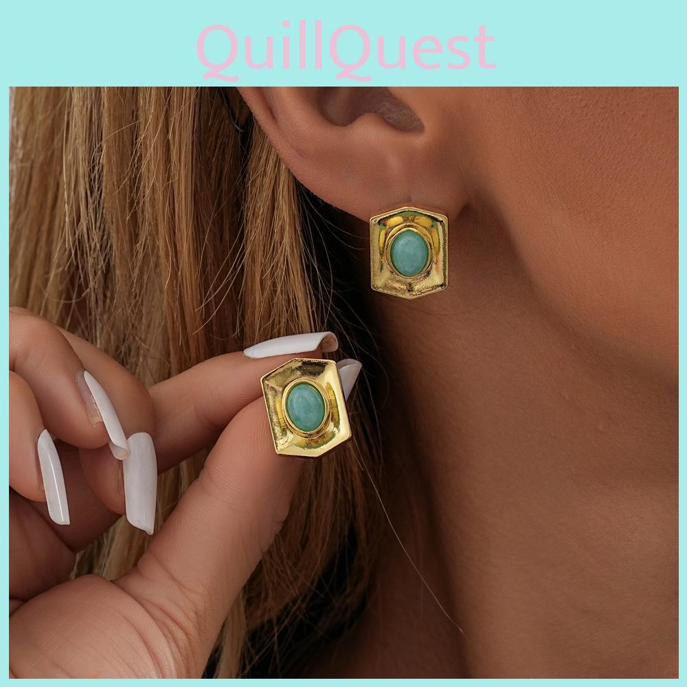 Classy Gold Plated Earrings Fashionable Natural Stone Geometric Studs For Women