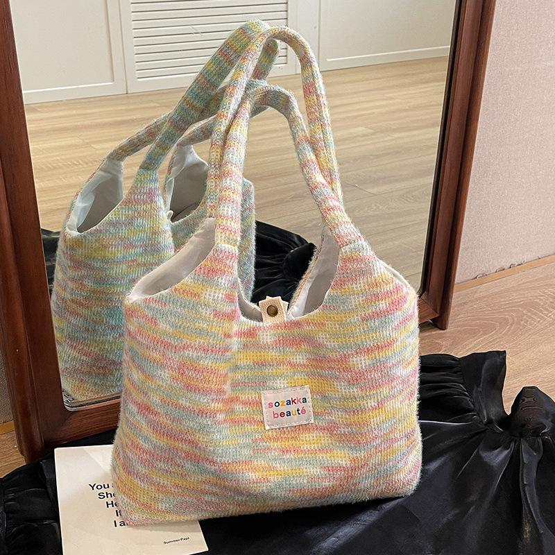 Cute Furry Woven Tote Bag  Large-capacity Student Book Bag  One-shoulder Canvas Vest Bag In Autumn and Winter