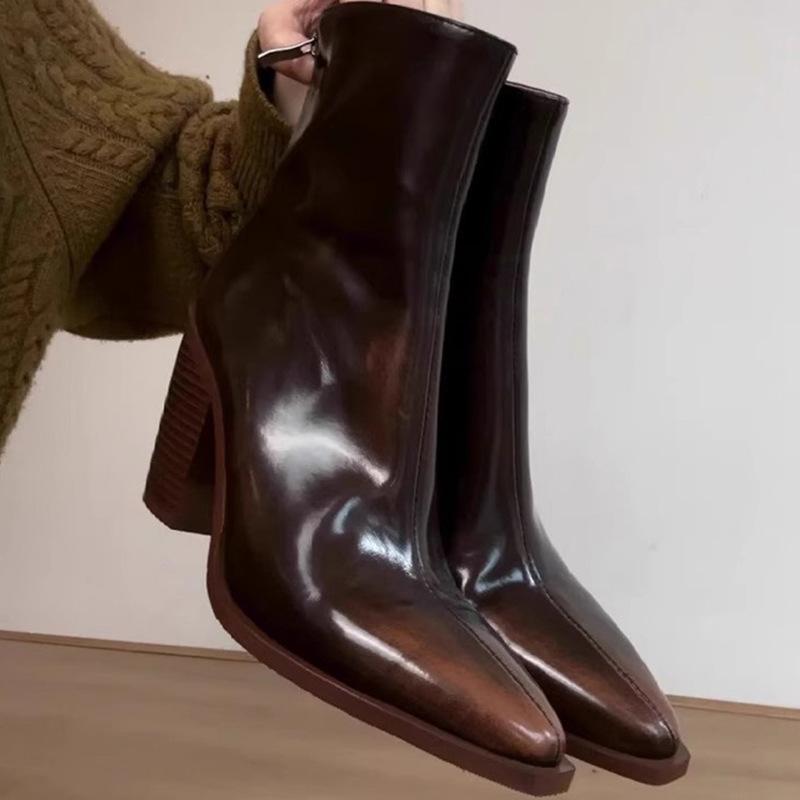 Fashion 2024 New Vintage Brown Women Ankle Boots Fashion Elegant Square Toe Shoes Autumn Winter Thick Heel Women's Short Booties