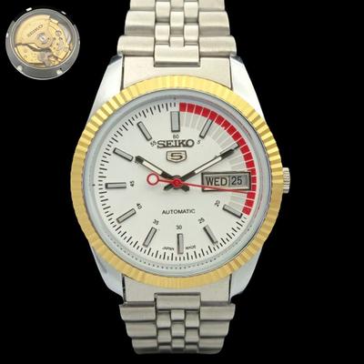 USADO SEIKO 5 AUTOMÁTICO JAPÃO MASCULINO RARO MOVIMENTO DOURADO RELÓGIO 575a-a304753-2