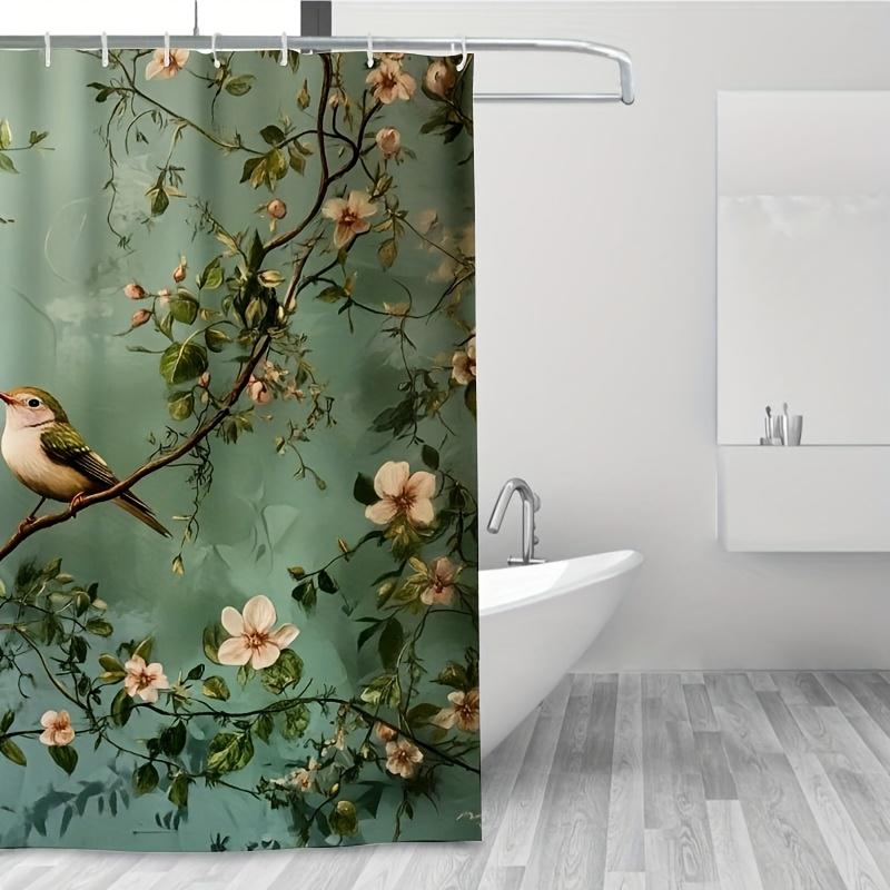 1pc Nature-Inspired Wildflowers & Birds Shower Curtain, Vibrant Green Vines & Pink/White Flowers,  Modern Bath Decor