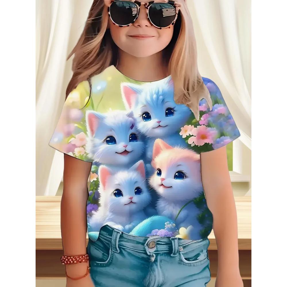 

Funny Cat Pattern Children s 3D Digital Printing Fashion Casual Girl Round Neck Short Sleeved T-shirt 160