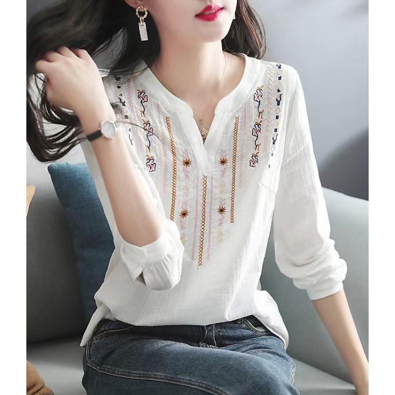 Dámské jaro podzimní halenky topy dáma ležérní výšivka výstřih do V s dlouhým rukávem vintage volné blůzy