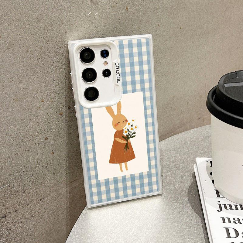 For Samsung Galaxy S24 S23 Ultra Plus FE S25 S22 Ultra Plus S21 FE Laser Phone Case Checkered Grid Cute Animals Pattern Covers