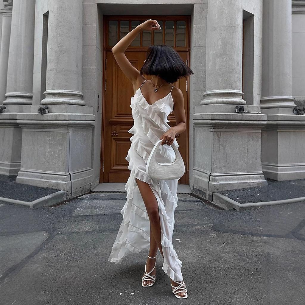 Splicing Ruffle Edge Suspender Long Dress European and American Summer New Sexy Split Slim Dress