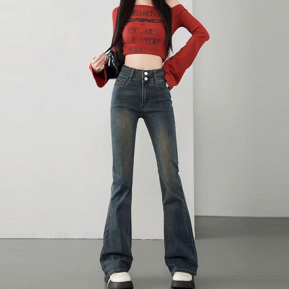 

Уличные выстиранные джинсы Женские Осенние С высокой талией Универсальные Облегающие Маленькие расклешенные брюки Брюки-подковы 2XL