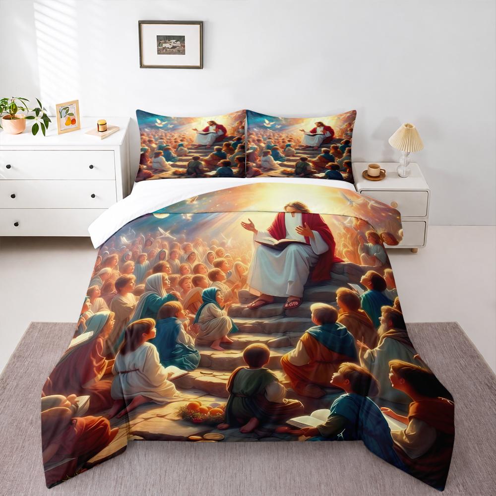 Jesus Sermon to the Crowd Bedding set (1 duvet cover, 2 pillowcases, duvet not included) for Living Room Church Decor, Divine Light Cartoon Art Print