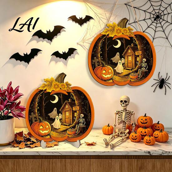 Cool Patterned Ornaments Halloween Door Sign Glowing Ghost Hanging Decor Wooden LED Window Reusable Party Supplies Ornament for Party Spooky