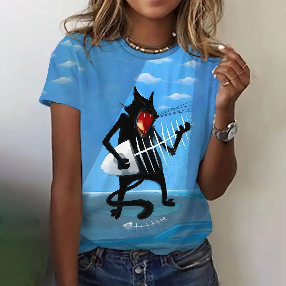 Cute cat 3D printed women's loose round neck short sleeved T-shirt