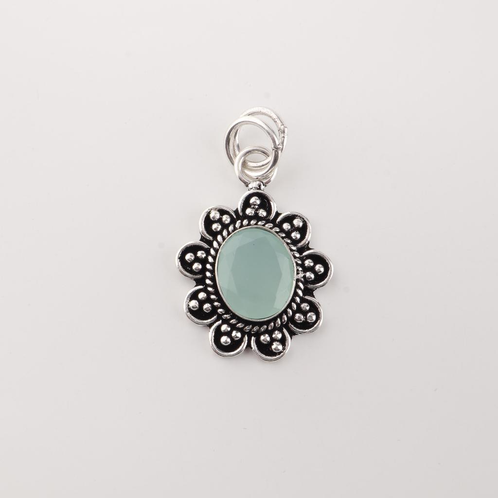 Aqua Chalcedony Gemstone 925 Sterling Silver Boho Jewelry Handmade Designer Pendant 1.37" CP-40-19