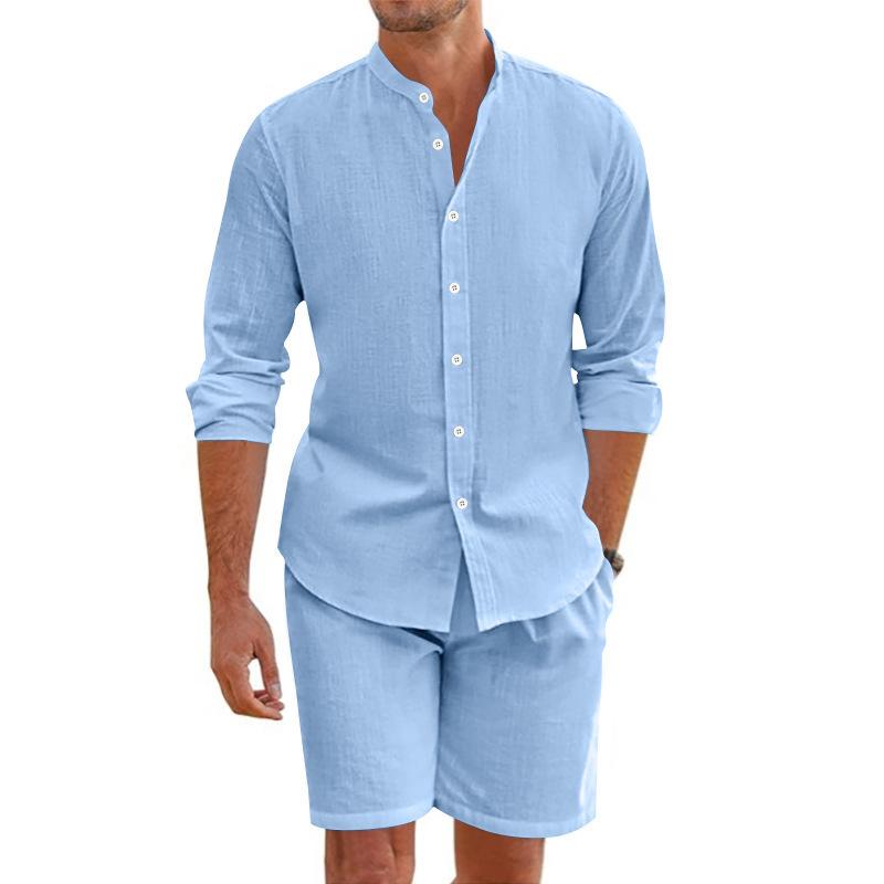 2 pcs Sets Men's Summer Cotton Linen Shirt and Shorts Cardigan Simple Casual Beach Shirts Comfortable Hawaii Wear