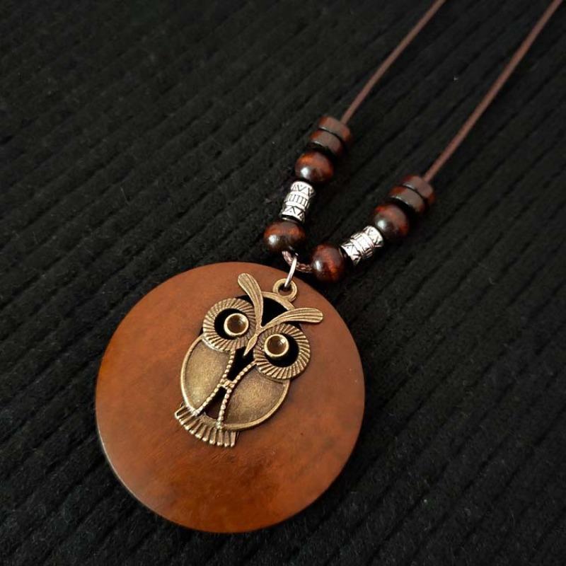 Retro Cotton and Linen Accessories Ethnic Style Wooden Long Women's Sweater Chain Alloy Leaf Necklace