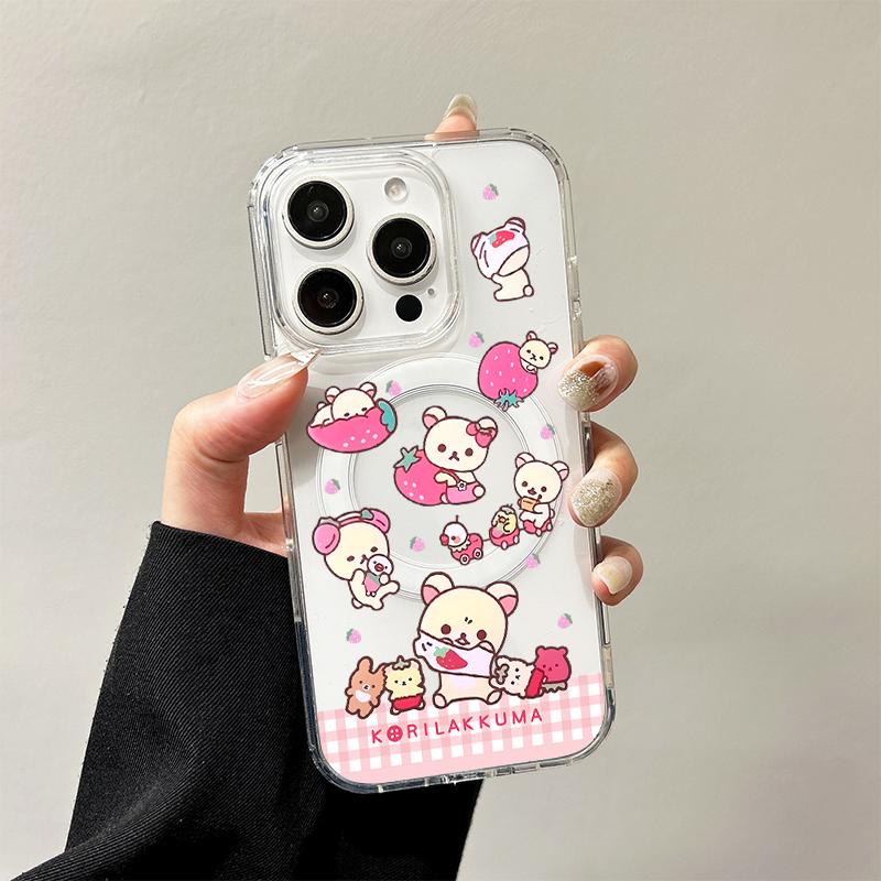 Japanese Cartoon Strawberry R-Rilakkuma Wireless Charging Case for iPhone 17 Air 16 15 14 13 12 11 Pro Max Acrylic Hard Cover
