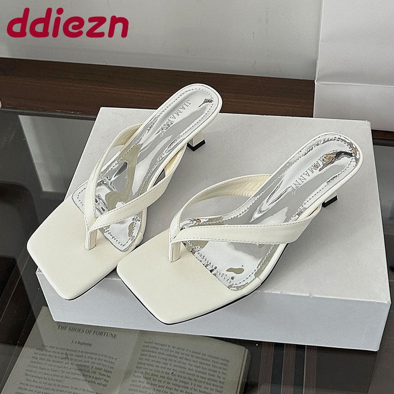 Fashion Luxury Fashion Square Toe Ladies Heeled Slippers Female Slides Sandals Shallow Women Low Heel Slippers Shoes Flip Flops