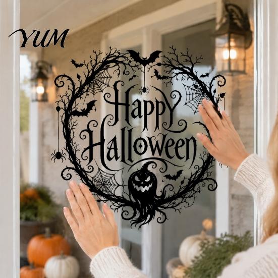 Dark Theme Party Decor Halloween Static Window Clings, Spider Web Pumpkin Happy Glass Translucent Festive Ornaments Decor, Adhesive-Free Clings Decals