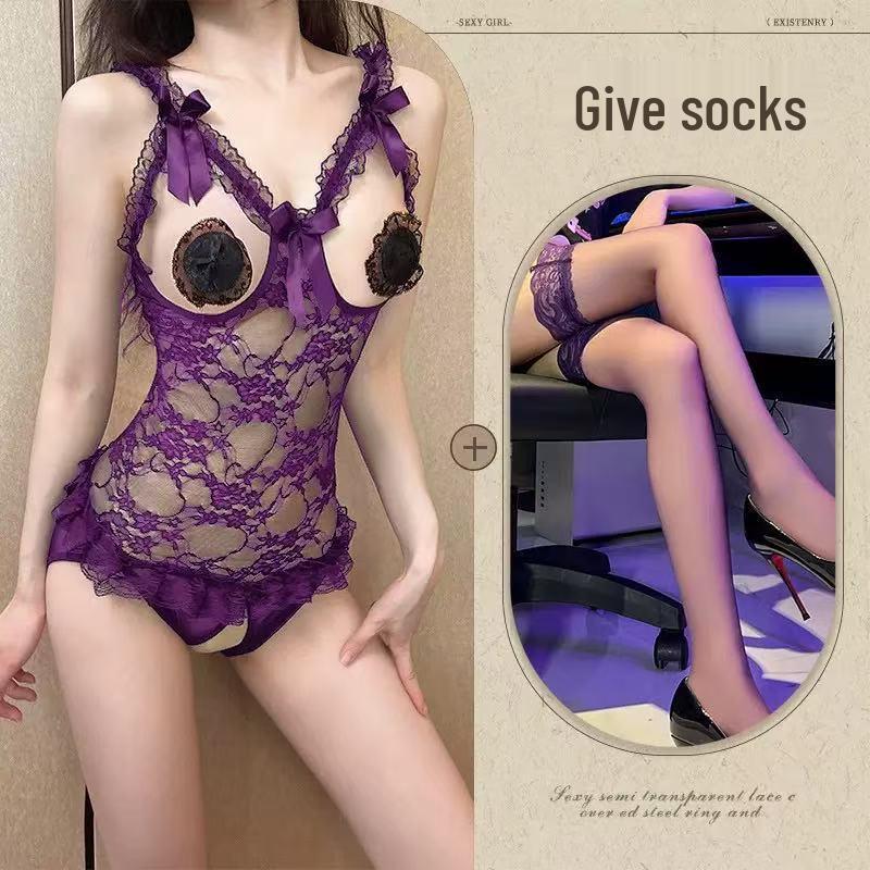 Purple Night Tide Romantic Lace Strappy Mesh Lingerie with Open Crotch