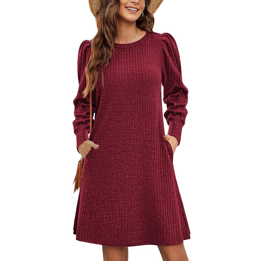 Vestido de Suéter Casual para Mujer Vestido de Verano de Punto de Invierno con Bolsillos Túnica de Manga Larga Ropa Mantener Caliente Vestidos Midi